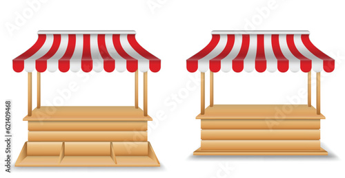 realistic market stall wooden kiosk or market stall with striped awning isolated. 3d illustration