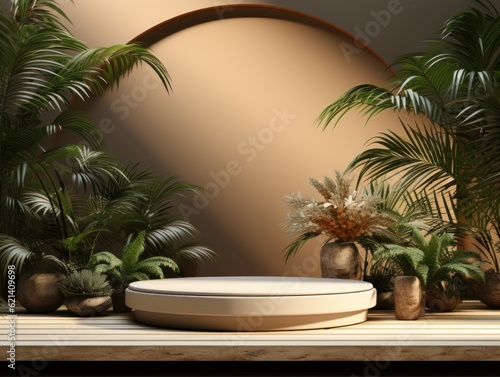 Rendering, modern, 3D stage set design no products on table, empty product display, empty beauty product display, cylinder display, palm foliage decoration, 
