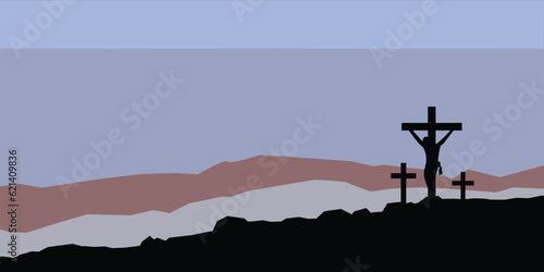 Jesus silhouette on the cross, 3 crosses, thieves on the side, vector illustration