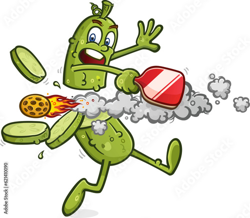 Pickleball cartoon character getting absolutely blasted by a high powered speeding pickle fireball splitting the poor guy it into slices erupting out like flying chopped veggies vector clip art