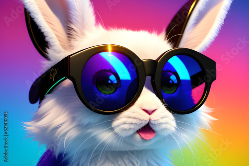 cool bunny with smile beautiful eyes sunglasses reflected in colorful background. Generative AI © William