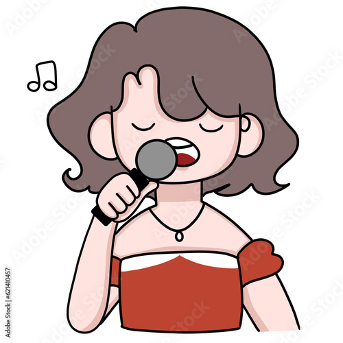 Happy woman singing a song with a microphone.