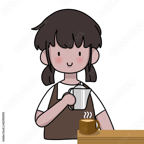 cute girl barista holding cup of milk making latte coffee.