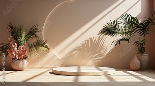 Minimal product placement background with palm shadow on plaster wall. Luxury summer architecture interior aesthetic. 