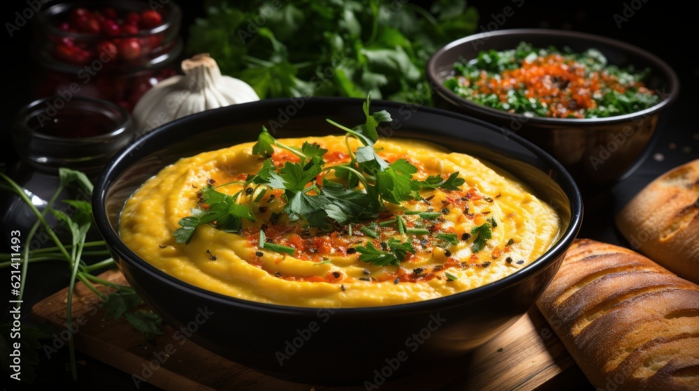 Lentil puree soup with carrots and vegetable salad Lentil puree soup with carrots and vegetable salad