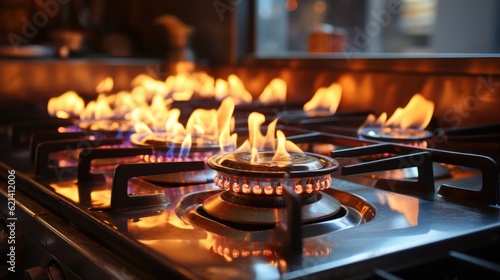Flaming gas burners on household kitchen stove