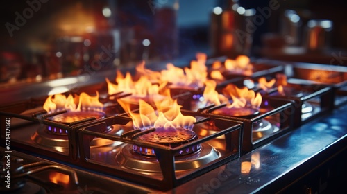 Flaming gas burners on household kitchen stove