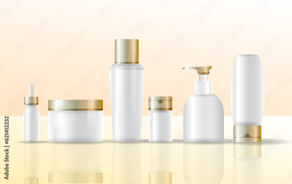 Set vector blank templates of empty and clean white plastic containers: bottles with spray, dispenser and dropper, cream jar, tube. Cosmetic package. Set vector blank templates of empty and clean white plastic containers: bottles with spray, dispenser and dropper, cream jar, tube. Cosmetic package.