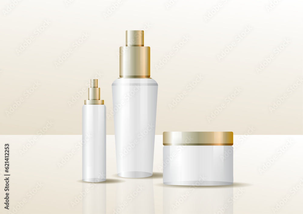 Set vector blank templates of empty and clean white plastic containers: bottles with spray, dispenser and dropper, cream jar, tube. Cosmetic package. Set vector blank templates of empty and clean white plastic containers: bottles with spray, dispenser and dropper, cream jar, tube. Cosmetic package.