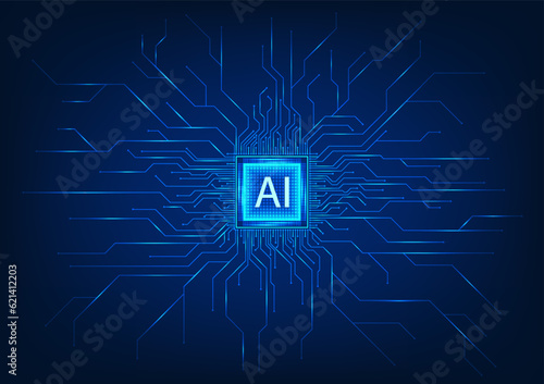 Power of Artificial intelligence technology with this futuristic vector illustration. A blue-toned microchip surrounded by a circuit board signifies the seamless integration of AI into modern tech.