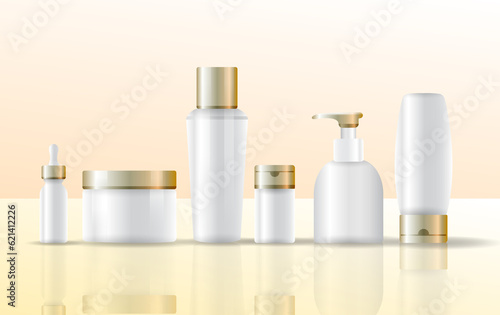 Set vector blank templates of empty and clean white plastic containers: bottles with spray, dispenser and dropper, cream jar, tube. Cosmetic package.