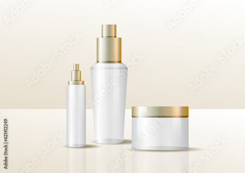 Set vector blank templates of empty and clean white plastic containers: bottles with spray, dispenser and dropper, cream jar, tube. Cosmetic package.