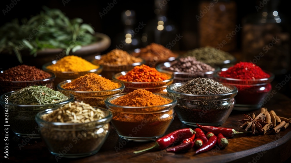 Different seasonings in cups. Spice background on the table