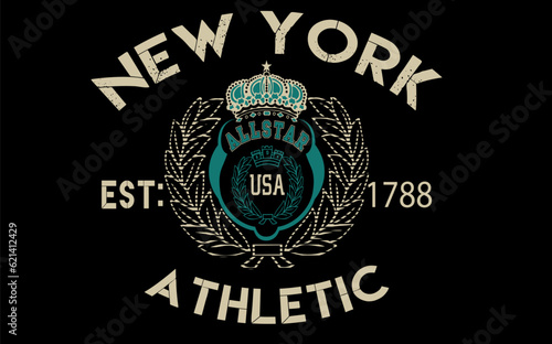 vintage college varsity brooklyn new york slogan grunge, Vintage new york typography slogan print, new york slogan print with grunge effect for graphic t shirt photo