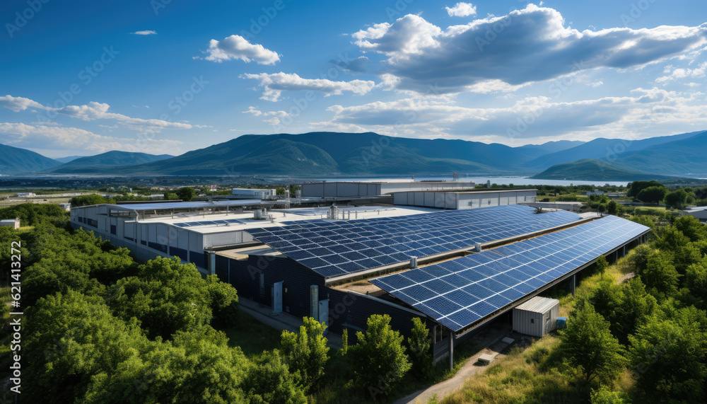 the synergy between industry and clean energy by showcasing a modern factory equipped with a solar energy system. 