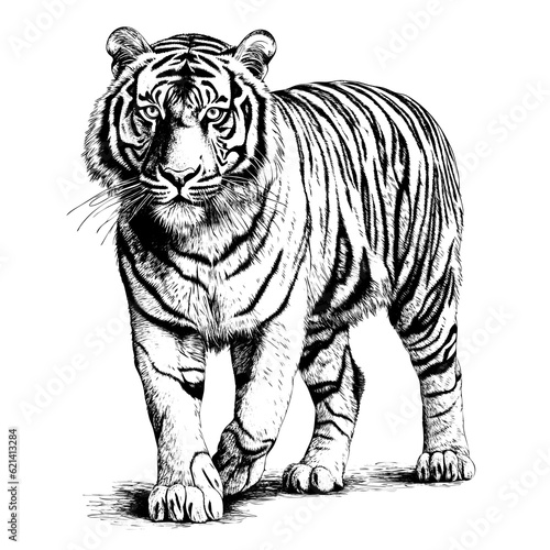 black and white of a bengal tiger on a white background. high contrast for laser engraving white background. Created with generative AI © baci