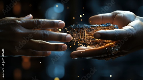 AI, Machine learning, Hands of robot and human touching on big data network connection, Data exchange,
