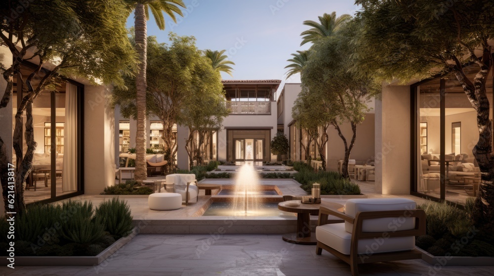 Private oasis, complete with a tranquil water feature, a Mediterranean garden, and cozy seating areas surrounded by tall cypress trees Private oasis, complete with a tranquil water feature, a Mediterranean garden, and cozy seating areas surrounded by tall cypress trees