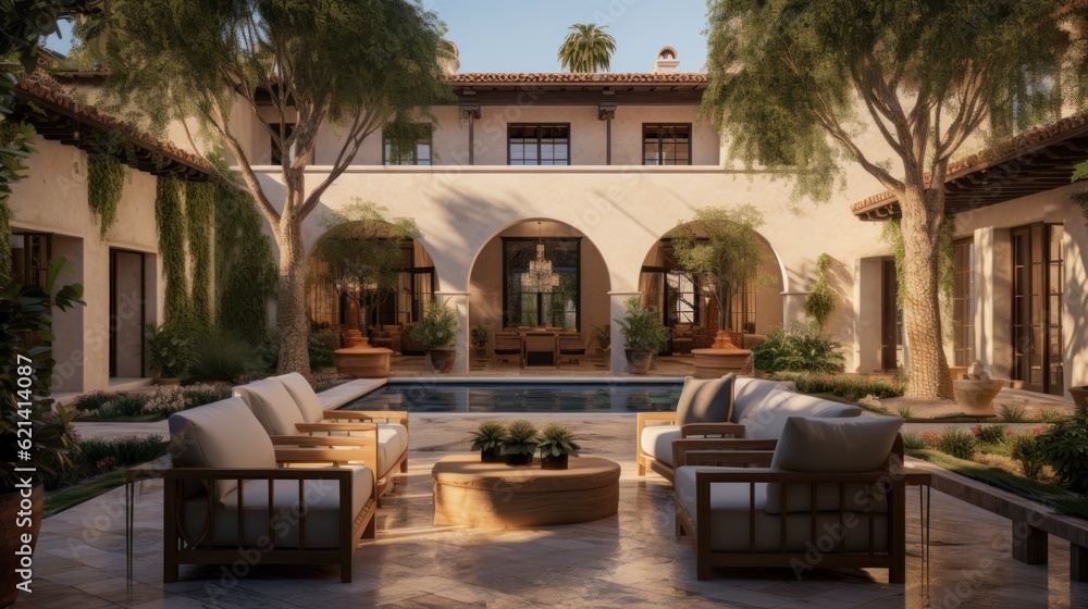 Fototapeta premium Private oasis, complete with a tranquil water feature, a Mediterranean garden, and cozy seating areas surrounded by tall cypress trees