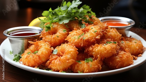 A plate of crispy and flavorful coconut shrimp with a sweet chili dipping sauce