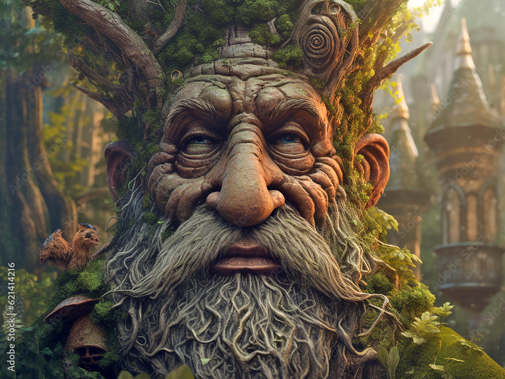 magical living huge tree with the face of an elderly person or a gnome, close-up Generative AI
