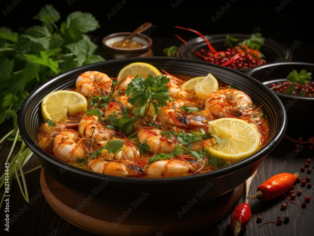 A bowl of spicy and sour tom yum soup with shrimp and lemongrass, in the style of Thai cuisine, close - up shot, cool and refreshing colors