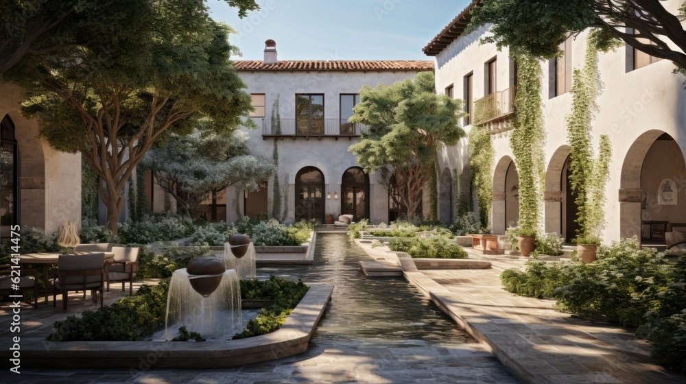 Private oasis, complete with a tranquil water feature, a Mediterranean garden, and cozy seating areas surrounded by tall cypress trees Private oasis, complete with a tranquil water feature, a Mediterranean garden, and cozy seating areas surrounded by tall cypress trees