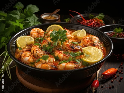 A bowl of spicy and sour tom yum soup with shrimp and lemongrass, in the style of Thai cuisine, close - up shot, cool and refreshing colors