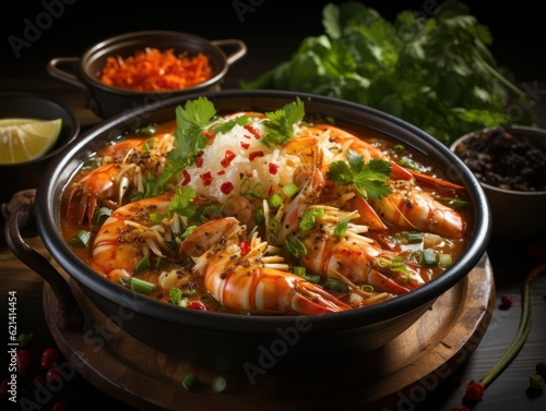 A bowl of spicy and sour tom yum soup with shrimp and lemongrass, in the style of Thai cuisine, close - up shot, cool and refreshing colors