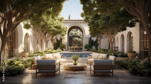 Private oasis, complete with a tranquil water feature, a Mediterranean garden, and cozy seating areas surrounded by tall cypress trees © Damian Sobczyk