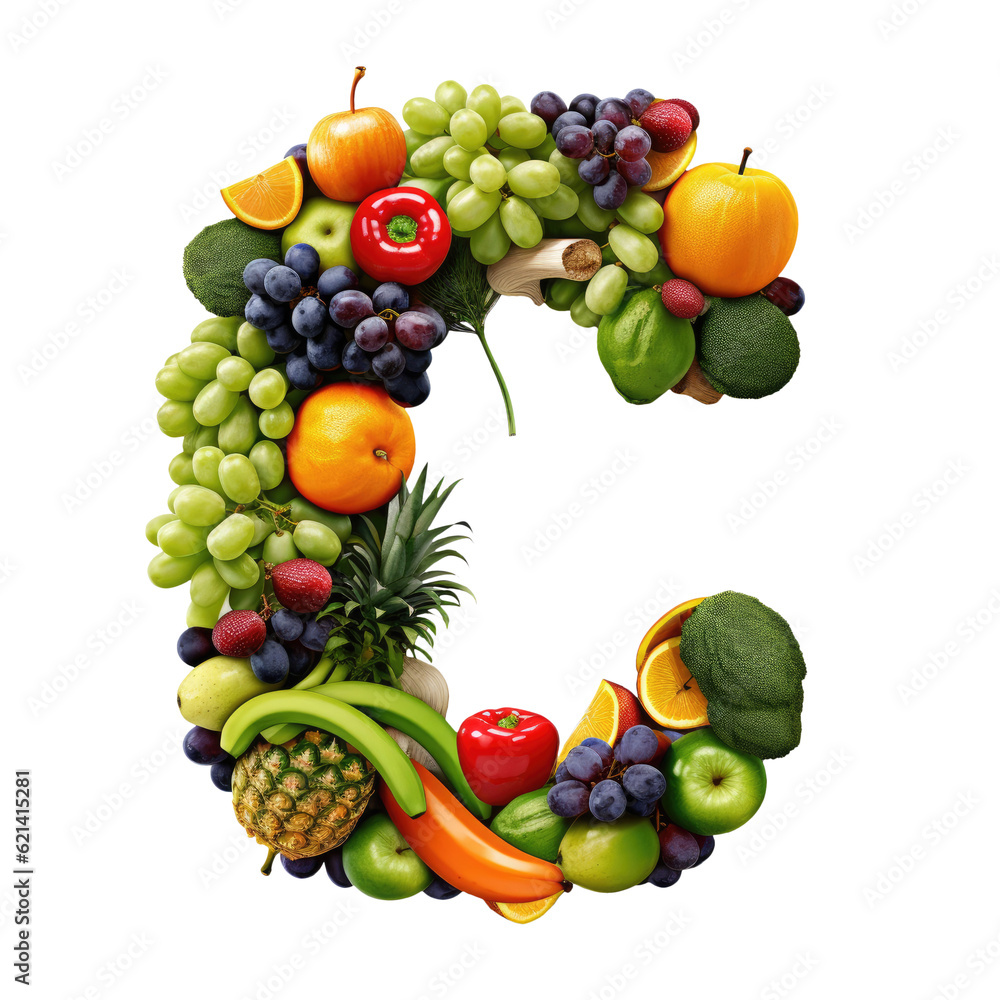 Alphabet or letter c from fresh vegetables and fruits