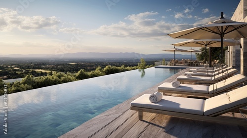 Infinity pool that appears to merge with the horizon, offering stunning views of the Italian countryside. Include a sun deck and a poolside bar for ultimate relaxation