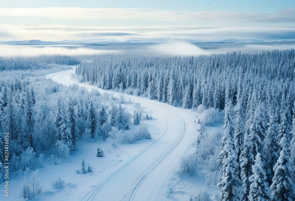 Aerial View Over Arctic Winter Road Swedish Laplan Aerial View Over Arctic Winter Road Swedish Laplan