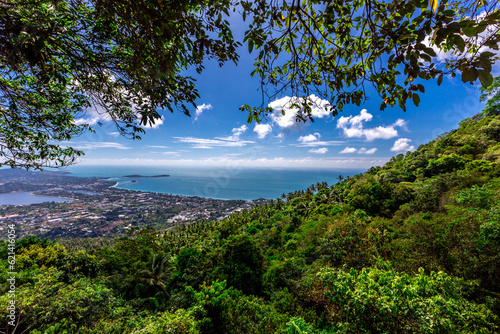 panoramic background of high mountain scenery, overlooking the atmosphere of the sea, trees and wind blowing in a cool blur, spontaneous beauty photo