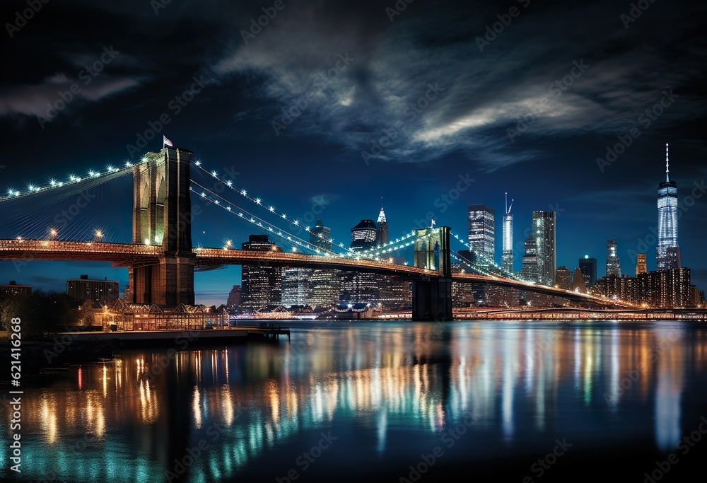 Brooklyn Bridge and Lower Manhattan skyline at night