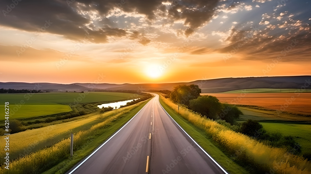 scenic winding country road through green farmland in Hill Country. Sun Sunshine In Sunset Bright Sky. Agricultural And Weather Forecast Concept scenic winding country road through green farmland in Hill Country. Sun Sunshine In Sunset Bright Sky. Agricultural And Weather Forecast Concept