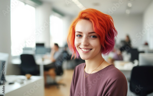Young adult woman portrait with dyed hair on modern office background. Attractive and charming woman with colorful hair. Generative AI