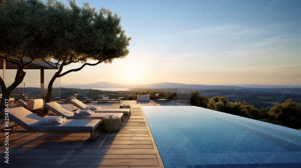 Fototapeta premium Infinity pool that appears to merge with the horizon, offering stunning views of the Italian countryside. Include a sun deck and a poolside bar for ultimate relaxation