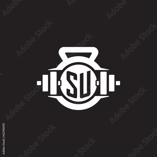 Initial SU logo design ideas with simple dumbbell and kettlebell icon