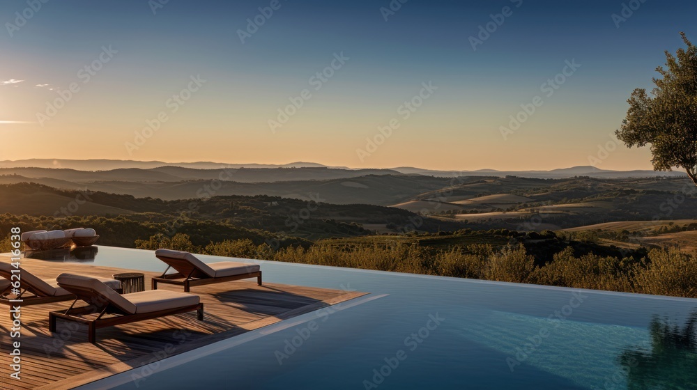 Infinity pool that appears to merge with the horizon, offering stunning views of the Italian countryside. Include a sun deck and a poolside bar for ultimate relaxation