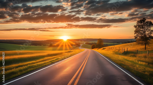 scenic winding country road through green farmland in Hill Country. Sun Sunshine In Sunset Bright Sky. Agricultural And Weather Forecast Concept © AspctStyle