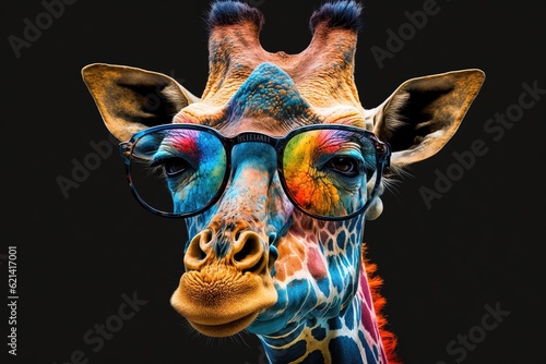 Colorful giraffe wearing glasses, generative AI