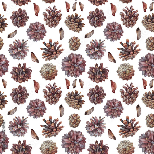 Watercolor seamless pattern hand-drawn realistic fir or pine cone on white background. Forest wallpaper for christmas celebration or invite. Nature art for card or textile. Wrapping or sketchbook