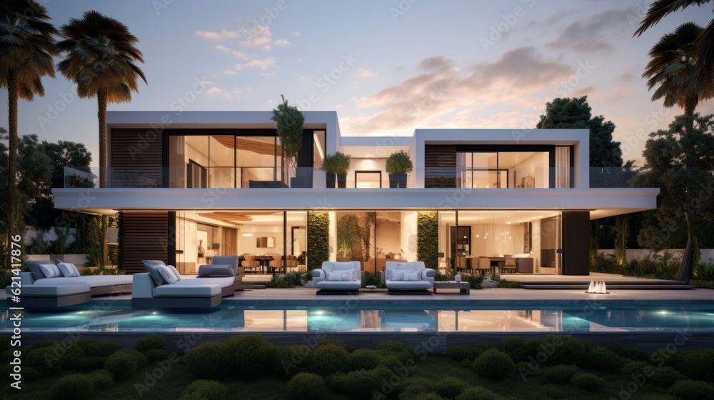 Fototapeta premium Modern villa that seamlessly blends Italian architectural elements with contemporary design, incorporating features such as arched windows, terracotta accents, and a sleek minimalist aesthetic