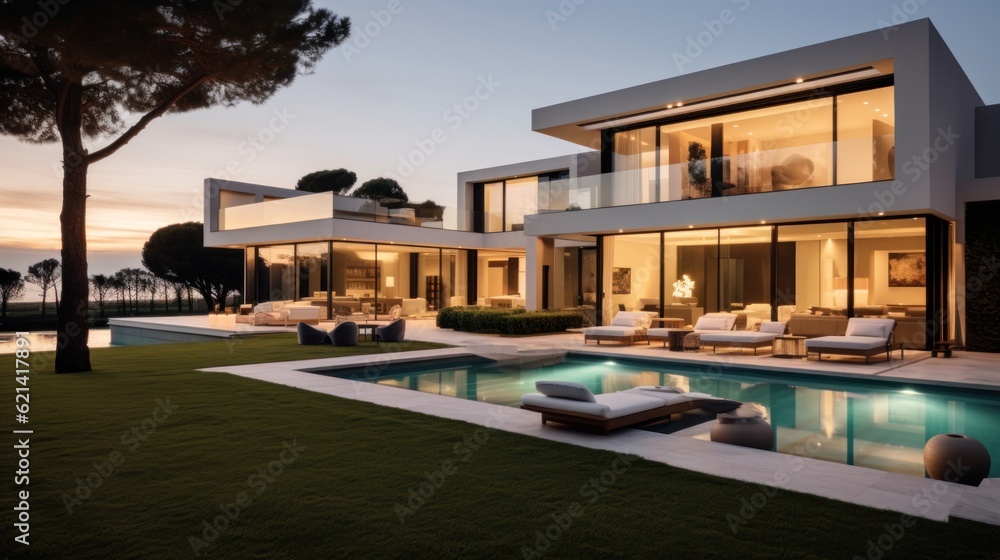 Fototapeta premium Modern villa that seamlessly blends Italian architectural elements with contemporary design, incorporating features such as arched windows, terracotta accents, and a sleek minimalist aesthetic