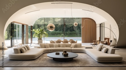 Modern villa that seamlessly blends Italian architectural elements with contemporary design  incorporating features such as arched windows  terracotta accents  and a sleek minimalist aesthetic