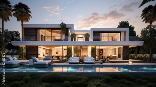 Modern villa that seamlessly blends Italian architectural elements with contemporary design, incorporating features such as arched windows, terracotta accents, and a sleek minimalist aesthetic