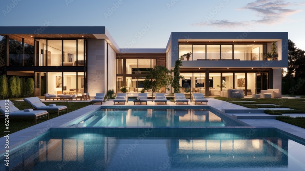 Obraz premium Modern villa that seamlessly blends Italian architectural elements with contemporary design, incorporating features such as arched windows, terracotta accents, and a sleek minimalist aesthetic
