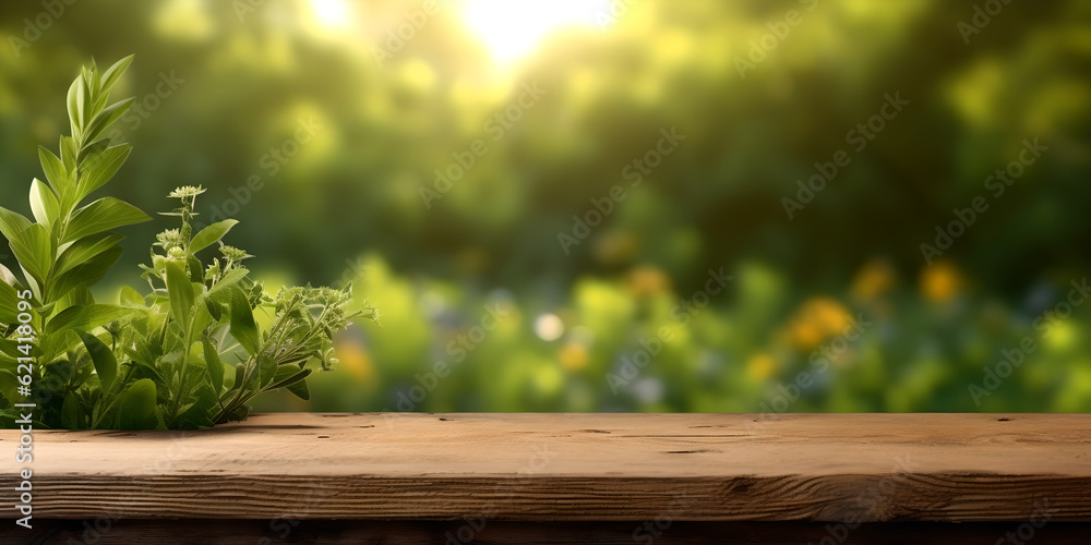 Empty wooden table top on blurred green nature garden background background. For product display montage