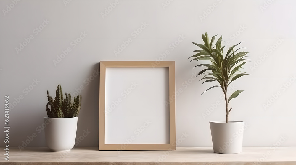 Scandinavian room interior with mock up photo frame on the brown bamboo shelf with beautiful plants. Interior poster mockup with vertical wooden frame in home interior background.